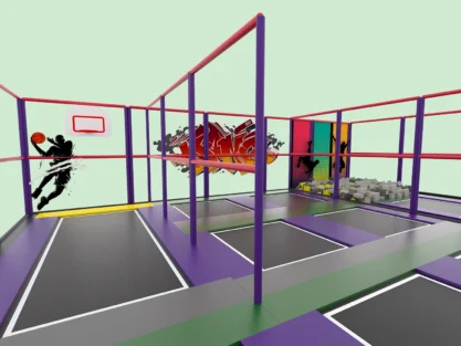 Trampoline park manufacture process with steel frames and safety mats”