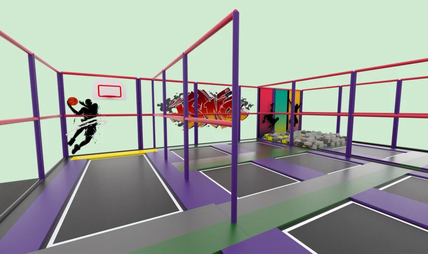 Trampoline park manufacture process with steel frames and safety mats”